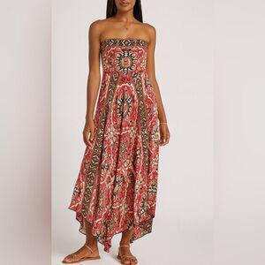 Free People Strapless Red and Brown Printed Midi Dress